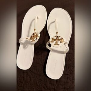 Tory Burch White Miller Logo Thong Sandals with Gold Tone Emblem